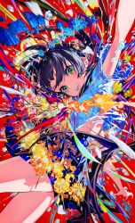 Rule 34 | 1girl, :d, absurdres, black hair, broken picture frame, colorful, floating hair, flower, grin, highres, looking at viewer, mika pikazo, multicolored eyes, multicolored hair, open mouth, original, outstretched arms, picture frame, smile, solo, teeth