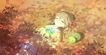 1girl absurdres autumn autumn_leaves blue_sailor_collar blue_skirt bow bowtie brown_hair cardigan closed_eyes dappled_sunlight feet_out_of_frame from_above from_side green_bow green_bowtie hair_between_eyes hair_ornament hair_ribbon hands_on_own_stomach hashtag-only_commentary heart heart_hair_ornament highres kapxapius leaf long_hair long_sleeves lying miniskirt neuro-sama on_back outdoors parted_lips pleated_skirt red_ribbon ribbon sailor_collar skirt sunlight turtle vedal987 vedal_ai virtual_youtuber yellow_cardigan