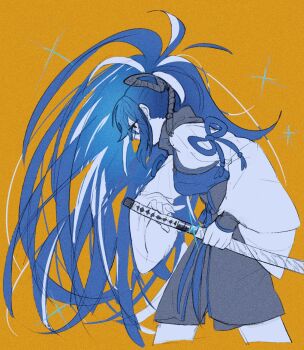 1girl black_hair commentary_request cropped_legs drawing_sword fate/grand_order fate_(series) from_side glint grey_shorts hair_ribbon highres hisokaniinu holding holding_sword holding_weapon katana kawakami_gensai_(fate) kawakami_gensai_(first_ascension)_(fate) leaning_forward long_hair long_sleeves looking_ahead multicolored_hair ponytail ribbon shorts simple_background solo star_(symbol) streaked_hair sword very_long_hair weapon white_hair wide_sleeves yellow_background