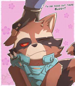 1boy animal_ears character_request closed_mouth daveydboi english_text fang fang_out furry furry_male guardians_of_the_galaxy highres looking_at_viewer male_focus marvel marvel marvel_rivals one_eye_closed raccoon_boy raccoon_ears raccoon_tail red_eyes rocket_raccoon tail upper_body