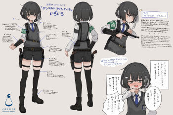 1girl absurdres ammunition_belt armband belt black_hair black_shorts black_thighhighs blue_necktie commentary_request from_behind full_body green_armband grey_eyes grey_sweater_vest gun gunbelt handgun highres holster looking_at_viewer multiple_views necktie original revolver school_uniform shirt short_hair shorts soruto_0w98e speech_bubble sweater_vest tactical_school_uniform thigh_holster thighhighs translation_request weapon white_shirt