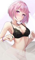 Rule 34 | 1girl, :c, absurdres, black bra, blush, bottomless, bra, breasts, closed mouth, commentary, frown, highres, jewelry, kurohikage, looking at viewer, medium hair, navel, necklace, ootori emu, pink background, pink eyes, pink hair, project sekai, purple bracelet, solo, stomach, thighs, underwear, wrist bobbles