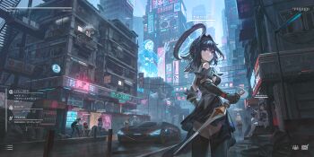 6+girls antlers black_thighhighs blue_eyes bottle breasts building car ceres_fauna chain chain_headband city cyberpunk dress elbow_gloves gawr_gura gloves hair_between_eyes hair_intakes hakos_baelz halo hat heads-up_display highres hologram hololive hololive_english horns ikkia irys_(hololive) lamppost large_breasts long_hair looking_back mechanical_halo mori_calliope motor_vehicle multiple_girls nanashi_mumei ninomae_ina'nis on_roof ouro_kronii ponytail reverse_grip single_thighhigh sitting skirt smile sports_car takanashi_kiara thighhighs trash_bag tsukumo_sana user_interface virtual_youtuber watson_amelia white_thighhighs