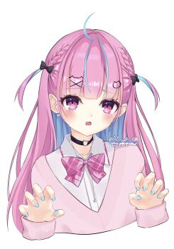 Rule 34 | 1girl, :o, ahoge, black bow, black choker, blue hair, blue nails, blue streaks, blush, bow, braid, cat choker, cat hair ornament, choker, colored inner hair, commentary, cropped torso, dear arisu, fang, fingernails, hair bow, hair ornament, hands up, highres, hololive, long hair, looking at viewer, minato aqua, minato aqua (school uniform), multicolored hair, nail polish, official alternate costume, open mouth, pink hair, pink sweater, shirt, simple background, skin fang, solo, streaked hair, sweater, symbol-only commentary, two-tone hair, two side up, virtual youtuber, white background, white shirt, wispy bangs, x hair ornament