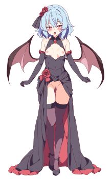 1girl absurdres alternate_costume bat_wings black_dress black_gloves black_thighhighs blue_hair blush breasts breasts_out censored clothes_lift dress dress_lift elbow_gloves flower full_body functionally_nude gloves heart heart-shaped_pupils highres korra_down mosaic_censoring nipples petite pussy pussy_juice red_eyes remilia_scarlet revealing_clothes rose short_hair simple_background small_breasts solo standing symbol-shaped_pupils thighhighs tongue tongue_out touhou vampire walking white_background wings