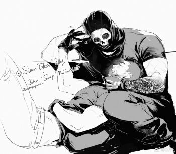Rule 34 | 2boys, arm behind head, arm tattoo, bara, call of duty, call of duty: modern warfare 2, chanyuqianxin, closed eyes, commentary, crew neck, ghost (modern warfare 2), gloves, greyscale, grin, hand on another's face, male focus, mask, midriff peek, monochrome, multiple boys, shirt, short sleeves, simple background, sitting, skull mask, smile, soap (modern warfare 2), tattoo, twitter username, unfinished, untranslatable commentary, white background, yaoi