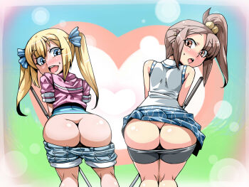 2girls ass blonde_hair blue_eyes blush bow brown_eyes brown_hair butt_crack clap_hanz golf_club hair_bow heart highres minna_no_golf mooning multiple_girls nalu_(minna_no_golf) shorts side_ponytail skirt sweat tukiwani twintails yuna_(minna_no_golf)