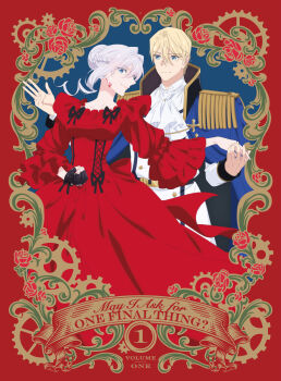 1boy 1girl anime_coloring artist_request black_gloves blonde_hair blu-ray_cover blue_eyes braid breasts collarbone commentary_request copyright_name cover dress dvd_cover earrings english_text fingerless_gloves gloves grey_hair highres jewelry julius_von_palistan looking_at_viewer medium_breasts numbered official_art red_dress saigo_ni_hitotsu_dake_onegai_shite_mo_yoroshii_deshou_ka scarlet_el_vandimion shirt short_hair white_shirt