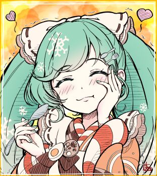 1girl :3 apron blue_hair blush closed_eyes commentary_request dec_madoka eating egg_(food) food food-themed_clothes fork_hair_ornament hair_ornament hand_on_own_cheek hand_on_own_face hatsune_miku headscarf heart highres holding holding_spoon japanese_clothes long_hair long_sleeves nail_polish portrait smile solo spoon spoon_hair_ornament trembling twintails vocaloid yuki_miku yuki_miku_(2024)