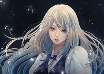 Rule 34 | 1girl, black background, blue eyes, blue ribbon, blue vest, braid, breasts, collared shirt, final fantasy, final fantasy xvi, grey hair, hair between eyes, jill warrick, juliet sleeves, long hair, long sleeves, looking at viewer, medium breasts, mitsuki nite, neck ribbon, parted lips, puffy sleeves, ribbon, shirt, side braid, snowflakes, snowing, solo, upper body, vest, white shirt