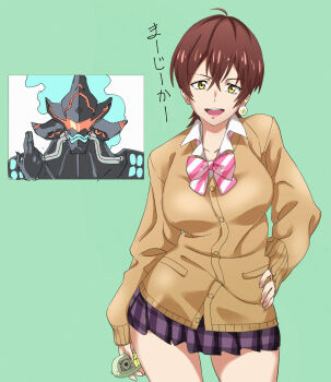 Rule 34 | 10s, 1girl, :d, alexis kerib, alternate costume, bad id, bad pixiv id, bow, breasts, brown hair, brown sweater, cardigan, cellphone, company connection, contrapposto, cosplay, cowboy shot, diagonal stripes, earrings, green background, gridman universe, hand on own hip, highres, himuro yukichiko, inada tetsu, jewelry, large breasts, looking at viewer, mature female, microskirt, midori (uchuu patrol luluco), midori (uchuu patrol luluco) (cosplay), miniskirt, open mouth, over justice, parody, phone, plaid clothes, plaid skirt, pleated skirt, purple skirt, school uniform, shintani mayumi, short hair, simple background, skirt, smile, ssss.gridman, standing, striped bow, sweater, tagme, takarada orie, translation request, trigger (company), uchuu patrol luluco, voice actor connection, yellow eyes