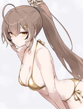 Rule 34 | 1girl, absurdres, ahoge, alternate costume, bikini, black hair, bluefield, breasts, brown eyes, brown hair, cleavage, crossed bangs, double-parted bangs, feather hair ornament, feathers, gold bikini, golden week, hair between eyes, hair ornament, hairclip, halterneck, highres, hololive, hololive english, letter hair ornament, long hair, looking at viewer, medium breasts, multicolored hair, nanashi mumei, ponytail, side-tie bikini bottom, sideboob, simple background, solo, streaked hair, string bikini, swimsuit, very long hair, virtual youtuber, white background, white hair