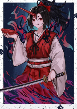 1girl black_hair border bow breasts commentary cup hair_bow highres holding holding_cup holding_sword holding_weapon horns japanese_clothes katana kimono konngara_(touhou) long_hair long_sleeves looking_at_viewer outside_border ponytail red_bow red_eyes red_horns red_kimono sakazuki single_horn smile solo sword tentaizukan touhou touhou_(pc-98) weapon wide_sleeves