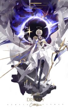 1boy absurdres angel black_boots blonde_hair blue_eyes boots character_name english_text feathered_wings full_body gloves gold_trim hair_between_eyes halo highres liulianjingrua long_sleeves looking_at_viewer male_focus original pants short_hair solo thigh_boots weapon white_pants white_wings wings