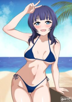 1girl absurdres anime_coloring arm_support arm_up asaka_karin beach bikini blue_bikini blue_eyes blue_hair blunt_bangs blush breasts collarbone commentary cowboy_shot day groin highres horizon looking_at_viewer love_live! love_live!_nijigasaki_high_school_idol_club medium_breasts medium_hair mole mole_on_collarbone multiple_moles navel ocean open_mouth outdoors oxicmar sand shore side-tie_bikini_bottom signature sky smile solo string_bikini swimsuit thigh_gap v water
