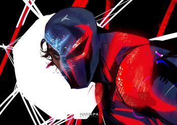 1boy black_hair commentary dark-skinned_male dark_skin english_commentary looking_at_viewer male_focus marbipa_(marmar0u) marvel messy_hair miguel_o'hara red_eyes short_hair solo spider-man:_across_the_spider-verse spider-man_(series) spider-verse superhero_costume torn_mask twitter_username