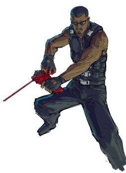 1boy adi_(adivider) beyblade beyblade_(object) black_facial_hair black_pants blade_(marvel) blade_(series) body_armor bulletproof_vest dark-skinned_male dark_skin expressionless facial_hair fingerless_gloves gloves highres marvel pants solo sunglasses white_background