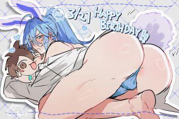 1boy :3 :d alternate_costume animal_ears argyle_background ass ass_focus barefoot blue_eyes blue_hair blue_male_underwear blush brown_eyes brown_hair character_doll closed_mouth commentary_request covered_penis covered_testicles dated doll edmond_(nu_carnival) eiden_(nu_carnival) foot_out_of_frame from_behind frown hair_between_eyes happy_birthday heart high_ponytail hugging_doll hugging_object implied_yaoi long_sleeves looking_at_viewer looking_back lying male_focus male_underwear marui_shiro nose_blush nu_carnival off-shoulder_shirt off_shoulder on_stomach one_eye_closed open_mouth outline ponytail rabbit_boy rabbit_ears rabbit_tail shirt signature sleeves_past_fingers sleeves_past_wrists smile solo spoken_blush sweat tail tail_wagging thighs top-down_bottom-up underwear v v-shaped_eyebrows white_outline white_shirt
