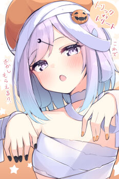 1girl bandages black_nails blue_hair blush brown_background brown_necktie commentary_request fang gradient_hair halloween hands_up highres looking_at_viewer luna_(mahoutsukai_rose_no_sado_life) mahoutsukai_rose_no_sado_life multicolored_hair multicolored_nails mummy_costume nail_polish naked_bandage necktie ominaeshi_(takenoko) open_mouth pumpkin_hat purple_eyes purple_hair solo star_(symbol) translation_request two-tone_background upper_body white_background