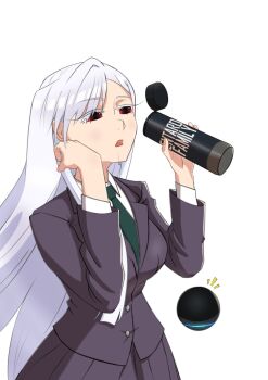 Rule 34 | 1girl, alexa, blazer, bottle, breasts, collared shirt, drooling, eiai nano, formal clothes, green necktie, hand on own face, holding, jacket, kimi no koto ga dai dai dai dai daisuki na 100-nin no kanojo, long hair, long sleeves, necktie, open mouth, rayos, red eyes, saliva, school uniform, shirt, simple background, skirt, solo, suit, transparent background, very long hair, white background, white hair, white shirt