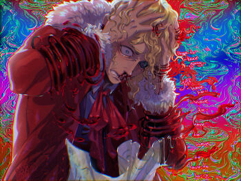 Rule 34 | 1boy, blackberreh-art, blonde hair, blood, commentary, curly hair, design speculation, distortion (tma), english commentary, frown lines, grimace, highres, lips, long hair, male focus, michael shelley, nosebleed, psychedelic, shirt, smile lines, tears, teeth, the magnus archives, transformation, wrinkled skin