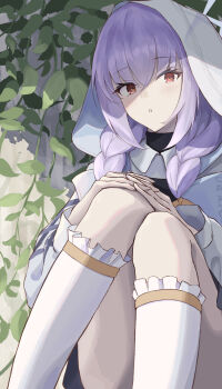 1girl absurdres atsuko_(blue_archive) blue_archive blush braid commentary convenient_leg eyelashes eyes_visible_through_hair feet_out_of_frame frilled_socks frills hair_between_eyes halo hand_on_own_knee hands_up highres hood hood_up hooded_jacket interlocked_fingers jacket kneehighs knees_up kuronagasu_ir leaf long_hair long_sleeves looking_at_viewer low_twin_braids own_hands_together parted_lips purple_hair red_eyes sitting socks solo twin_braids white_halo white_jacket white_socks