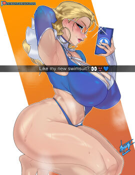 1girl absurdres armpit_cutout armpits artist_name blonde_hair blue_eyes breasts cellphone clothing_cutout english_text glasses highres holding holding_phone kneeling large_breasts looking_at_viewer marvel marvel_rivals navel official_alternate_costume patreon_logo patreon_username phone shinda292 signature smartphone solo sue_storm sue_storm_(azure_shade) swimsuit watermark web_address white-framed_eyewear