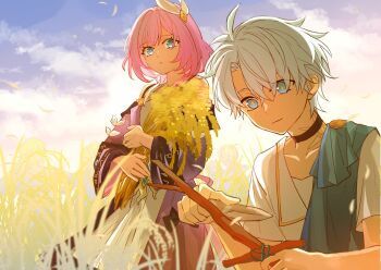 Rule 34 | 1boy, 1girl, absurdres, ahoge, black choker, blue eyes, blue sky, branch, choker, coat, cyrene (aedes elysiae) (honkai: star rail), cyrene (honkai: star rail), highres, holding, holding branch, holding knife, holding wheat, honkai: star rail, honkai (series), kk (kkgame7733), knife, neck tattoo, outdoors, phainon (honkai: star rail), purple coat, short hair, sky, smile, tattoo, wheat field