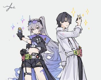 Rule 34 | 1boy, 1girl, animification, black eyes, black gloves, black hair, black shorts, closed mouth, coat, commentary, cowboy shot, crop top, crossover, eyewear on head, fingerless gloves, gamer driver, gloves, gradient hair, grey background, grey eyes, grey hair, hand up, highres, honkai: star rail, honkai (series), houjou emu, kamen rider, kamen rider ex-aid (series), lab coat, long hair, long sleeves, looking at viewer, multicolored hair, navel, ponytail, purple hair, qianyuan (qianyuan78507), rider gashat, short hair, shorts, signature, silver wolf (honkai: star rail), silver wolf (lv.999) (honkai: star rail), simple background, smile, sparkle, stethoscope around neck, thigh strap, very long hair, white coat