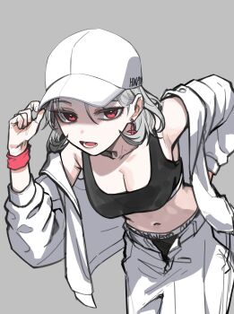 1girl absurdres adjusting_clothes adjusting_headwear baegsaeg_waesyong baseball_cap black_panties black_sports_bra breasts cleavage commentary_request cowboy_shot earrings grey_background grey_hair hand_up hat highres jacket jewelry korean_commentary large_breasts leaning_forward looking_at_viewer navel off_shoulder ohwayo open_clothes open_fly open_jacket open_mouth open_pants panties pants project_[i] short_hair simple_background sketch solo sports_bra sports_panties standing stomach underwear virtual_youtuber white_background white_hat white_pants