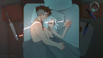 1boy 1girl bed bed_sheet bedroom breasts brown_hair cleavage closed_eyes closed_mouth commentary commission couple crack_of_light dagger english_commentary head_on_pillow hetero highres holding_hands indoors jewelry knife lying medium_breasts naked_sheet necklace on_bed on_side original pillow shared_bed shibansfw short_hair sleeping sleeping_together smile sword very_short_hair weapon white_hair