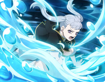 Rule 34 | 1girl, absurdres, black capelet, black clover, black clover m: rise of the wizard king, capelet, grey hair, highres, hydrokinesis, long hair, looking at viewer, noelle silva, non-web source, official art, open mouth, purple eyes, solo, teeth, twintails, water