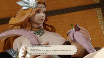 2girls 3d animal_ears blender_(medium) breastfeeding cat_ears cat_girl cat_tail dialogue_box eorzean_erotica final_fantasy final_fantasy_xiv highres long_hair miqo&#039;te multiple_girls nipples nophica orange_hair outdoors pink_hair size_difference tail yuri