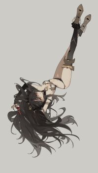 Rule 34 | 1girl, armlet, arms up, asymmetrical legwear, bare shoulders, bikini, black bikini, black hair, black ribbon, black sleeves, black thighhighs, breasts, chinese commentary, closed mouth, crossed ankles, detached sleeves, earrings, eyebrows hidden by hair, fate/grand order, fate (series), floating hair, gem, gold earrings, gold footwear, gold trim, hair ribbon, hair spread out, highres, hoop earrings, ishtar (fate), jewelry, legs up, long hair, long legs, looking at viewer, medium breasts, navel, neck ring, poleyn, red eyes, red gemstone, revealing clothes, ribbon, sepia background, shaded face, signature, single sleeve, single thighhigh, solo, stomach, swimsuit, thighhighs, thighs, tiara, two side up, upside-down, very long hair, zhibuji loom