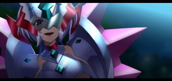 1girl armor assault_visor blurry blurry_background glasses grey_hair helmet highres long_hair looking_at_viewer nefushutan_no_yoroi nyanmaru opaque_glasses open_mouth purple_eyes scene_reference senki_zesshou_symphogear solo upper_body yukine_chris