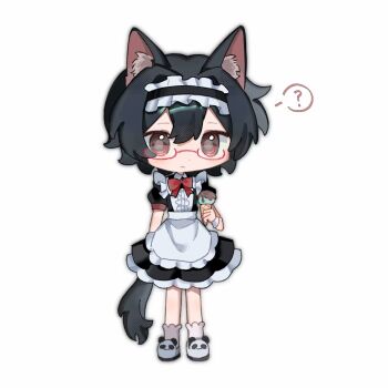 1boy ? alternate_costume animal_ear_fluff animal_ears animal_shoes ankle_socks apron black_dress black_hair black_hairband bow bowtie center_frills character_request chibi copyright_request crossdressing crossdressing_(mtf) dress enmaided food frilled_apron frilled_dress frilled_hairband frills glasses hair_between_eyes hairband halftone happy highres holding holding_ice_cream_cone ice_cream ice_cream_cone kemonomimi_mode lolita_hairband maid male_focus male_maid medium_dress panda puffy_short_sleeves puffy_sleeves qianwa_shi_biao red-framed_eyewear red_bow red_bowtie red_eyes shoes short_hair short_sleeves simple_background socks solo spoken_question_mark standing tail white_apron white_background white_shoes white_socks white_wrist_cuffs wolf_boy wolf_ears wolf_tail wrist_cuffs