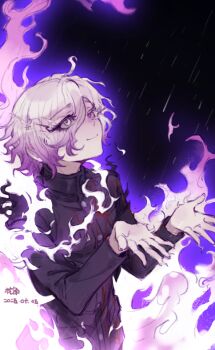 1boy black_jacket chinese_commentary closed_mouth colored_eyelashes commentary_request fire hair_over_one_eye hands_up huaxiaoshenhan jacket long_sleeves male_focus night outdoors pink_eyes pink_fire rain shion_(hundred_line) short_hair smile solo the_hundred_line_-last_defense_academy- upper_body white_eyes