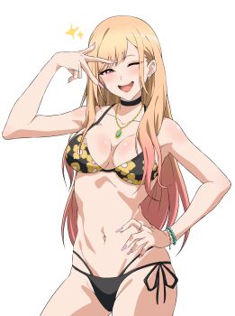 Rule 34 | 1girl, ;d, absurdres, barbell piercing, bikini, black bikini, black choker, blonde hair, bracelet, breasts, choker, ear piercing, earrings, fake nails, floral print, gold necklace, gyaru, hand on own hip, highres, industrial piercing, jewelry, kitagawa marin, knew nothing, medium breasts, navel, necklace, one eye closed, open mouth, piercing, red eyes, ring, simple background, smile, solo, sono bisque doll wa koi wo suru, stomach, swimsuit, w, w over eye, white background