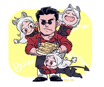 3girls animal_ears animated animated_gif cerberus_(helltaker) climbing dog_ears fang food glasses helltaker helltaker_(character) multiple_girls necktie nijuumaru open_mouth pancake running shirt smile tail triplets vest white_hair