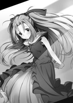 1girl arms_behind_back black_dress blue_bow bow dress frilled_dress frilled_skirt frilled_sleeves frills fukuda_tomonori grey_hair greyscale hair_between_eyes hair_bow interlocked_fingers long_hair monochrome official_art puffy_short_sleeves puffy_sleeves robotics;notes science_adventure screen short_sleeves skirt solo tareme twintails yukifune_airi