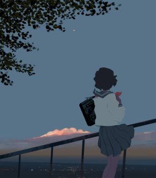 1girl bag bangqiao_yan black_hair blue_sailor_collar blue_skirt city_lights dusk facing_away feet_out_of_frame highres horizon neck_ribbon original paper_airplane railing red_ribbon ribbon sailor_collar school_uniform serafuku shirt short_hair shoulder_bag skirt skyline solo standing tree white_shirt
