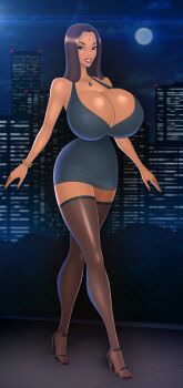 1girl akiranime animated animated_gif black_hair black_legwear bodycon bouncing_breasts bracelet breasts brown_eyes cleavage curvy dark_skin dark-skinned_female dress facial_mark female_focus full_body grin high_heels highres huge_breasts impossible_clothes indian jewelry long_hair long_legs looking_at_viewer makeup microdress microskirt minidress miniskirt moon nail_polish natasha night outdoors revealing_clothes skirt smile solo walking wide_hips