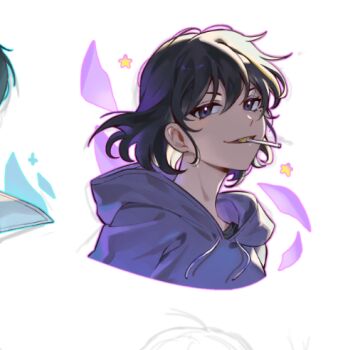 1girl black_hair black_shirt bob_cut commentary english_commentary flying_paper han_sooyoung hood hood_down lollipop_in_mouth looking_at_viewer lowres omniscient_reader's_viewpoint out_of_frame paper papercider portrait purple_eyes screencap shirt short_hair smirk solo_focus