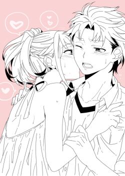Rule 34 | 1boy, 1girl, blush, braid, chuo tanegashima high school uniform, collarbone, commentary request, couple, dress, dress shirt, half up braid, heart, hetero, ikuhashi muiko, kiss, kissing cheek, long hair, median furrow, monochrome, one eye closed, open clothes, open mouth, open shirt, pink background, robotics;notes, school uniform, science adventure, senomiya akiho, shirt, shirt under shirt, short hair, shoulder blades, smile, spoken heart, sundress, t-shirt, teeth, tongue, yashio kaito