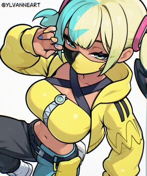 1girl aqua_hair bandeau belt black_mask black_pants blonde_hair blue_eyes blue_pants breasts canari_(pokemon) center-flap_bangs criss-cross_straps crop_top cropped_jacket dark-skinned_female dark_skin english_text eyelashes hands_up highres jacket looking_at_viewer mask mega_ring mega_stone midriff mouth_mask multicolored_hair navel nintendo pants pokemon pokemon_legends:_z-a short_twintails solo split-color_hair sports_bra stomach twintails twitter_username two-tone_hair two-tone_mask two-tone_pants yellow_bandeau yellow_jacket yellow_mask yellow_sports_bra ylvanne