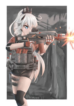 absurdres ammunition_pouch artist_request assault_rifle blue_eyes body_armor bulletproof_vest fingerless_gloves firing ginkomeiji gloves gun highres holding holding_gun holding_weapon honkai_(series) honkai_impact_3rd kiana_kaslana kiana_kaslana_(herrscher_of_flamescion) looking_through_scope ponytail pouch rifle tactical_clothes thigh_strap weapon weapon_request white_hair