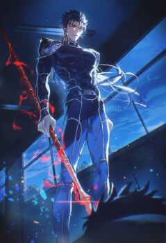 Rule 34 | 2boys, absurdres, armor, belt, black hair, blue bodysuit, blue hair, blue sky, bodysuit, chinese commentary, chromatic aberration, cloud, cloudy sky, commentary request, covered abs, covered navel, covered pectorals, cu chulainn (fate), cu chulainn (fate/stay night), cu chulainn (lancer) (fate), earrings, fate/stay night, fate (series), feet out of frame, floating hair, gae bolg (fate), grey belt, hair ornament, hair tubes, highres, holding, holding polearm, holding weapon, indoors, jewelry, long hair, looking at another, looking down, magic, male focus, multiple boys, muscular, muscular male, night, pectorals, petals, polearm, red eyes, short hair, shoulder armor, single hair tube, sky, solo focus, span (shibanyu63868), sparkle, spear, standing, teeth, tree, weapon, weapon energy, window