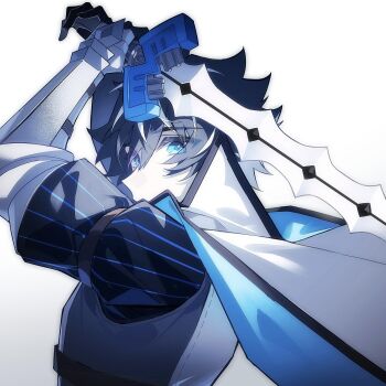 1boy armor black_gloves black_hair blue_eyes cape charlemagne_(fate) charlemagne_(first_ascension)_(fate) fate/extella fate/extella_link fate/extra fate_(series) fighting_stance gloves hair_between_eyes highres holding holding_sword holding_weapon idass_(idass16) joyeuse_ordre_(fate) looking_at_viewer male_focus multicolored_hair puff_and_slash_sleeves puffy_sleeves short_hair simple_background solo streaked_hair sword two-tone_hair upper_body weapon white_background white_hair