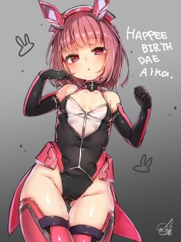 1girl aikawa_aika alice_gear_aegis bare_shoulders black_gloves black_leotard breasts character_name commentary_request covered_navel cowboy_shot doyouwantto elbow_gloves english_text engrish_text gloves gluteal_fold grey_background groin happy_birthday highleg highleg_leotard leotard looking_at_viewer mechanical_ears medium_hair multicolored_leotard parted_lips pink_eyes pink_gloves pink_hair pink_leotard pink_thighhighs ranguage small_breasts solo thighhighs two-tone_gloves white_leotard