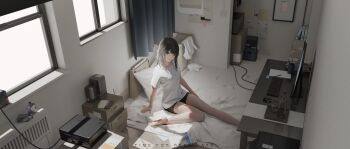 1girl 3d absurdres arm_at_side arm_support bare_legs barefoot black_hair black_shorts book bottle box brown_eyes cable cardboard_box chest_of_drawers chinese_commentary commentary computer_keyboard computer_mouse cup curtains day desk drinking_glass electrical_outlet english_text expressionless from_above full_body futon hand_on_own_thigh highres indoors laundry laundry_basket looking_at_viewer looking_to_the_side medium_hair monitor on_floor original paper parted_lips pen pile_of_books pillow shirt short_shorts short_sleeves shorts sitting solo straight_hair t-shirt vanish_(pixiv_111424881) white_shirt window window_shadow